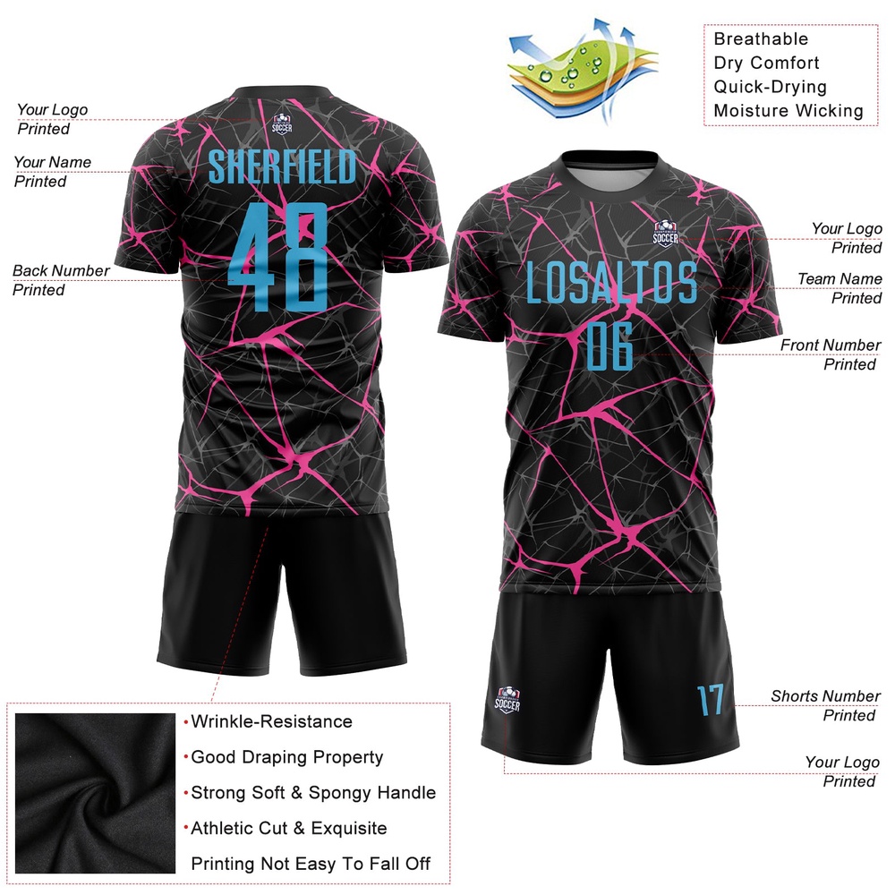 Black Sky Blue Pink Sublimation Soccer Uniform Jersey, Custom Team Soccer Jersey Shirt Black Sky Blue Pink Sublimation Soccer Uniform Jersey, Custom Team Soccer Jersey Shirt