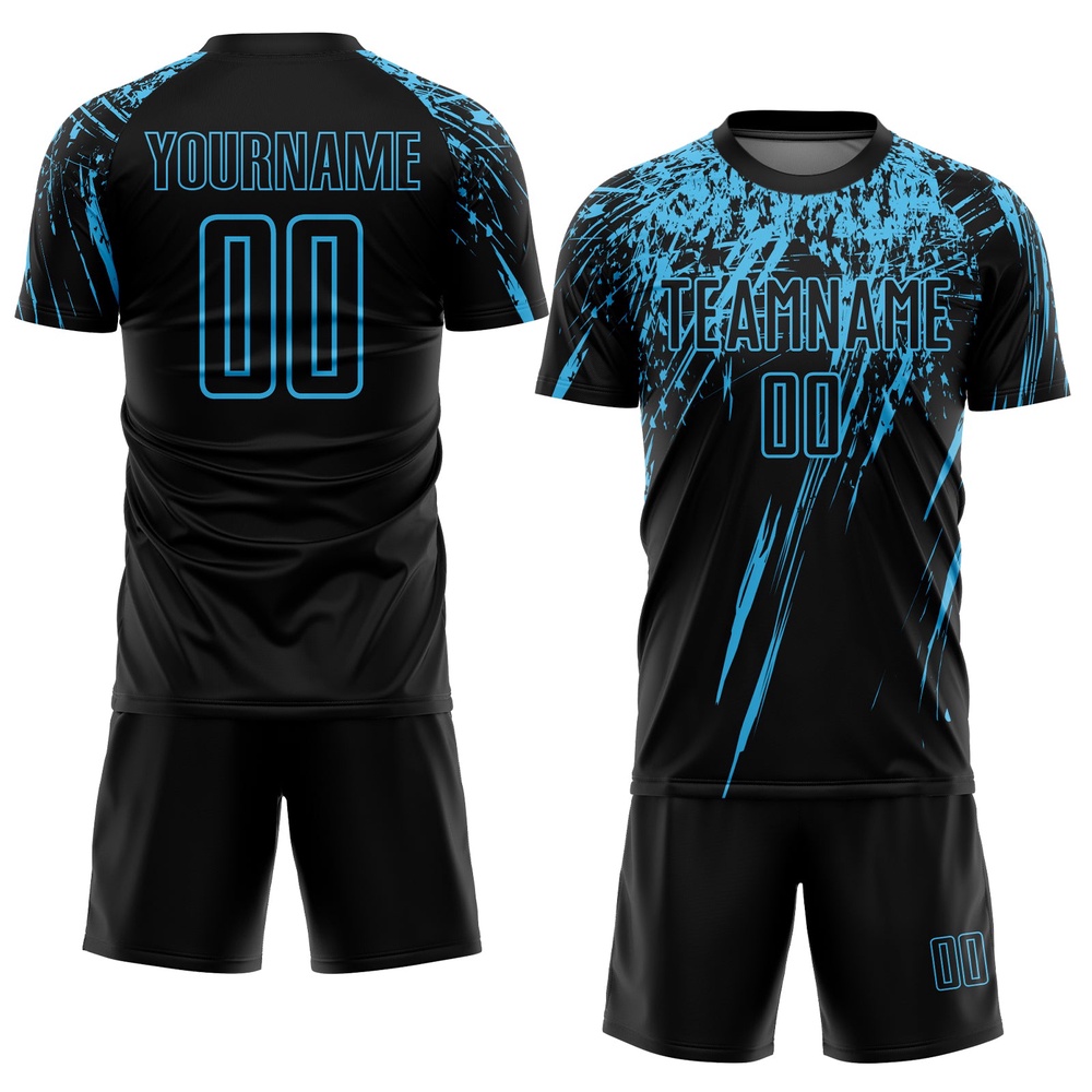 Black Sky Blue Sublimation Soccer Uniform Jersey, Custom Team Soccer Jersey Shirt Black Sky Blue Sublimation Soccer Uniform Jersey, Custom Team Soccer Jersey Shirt