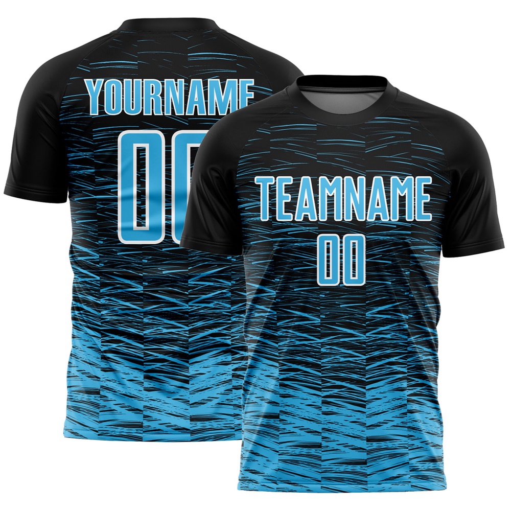 Black Sky Blue White Line Sublimation Soccer Uniform Jersey, Custom Team Soccer Jersey Shirt Black Sky Blue White Line Sublimation Soccer Uniform Jersey, Custom Team Soccer Jersey Shirt
