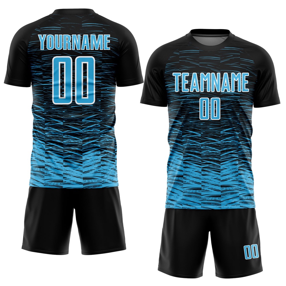 Black Sky Blue White Line Sublimation Soccer Uniform Jersey, Custom Team Soccer Jersey Shirt Black Sky Blue White Line Sublimation Soccer Uniform Jersey, Custom Team Soccer Jersey Shirt