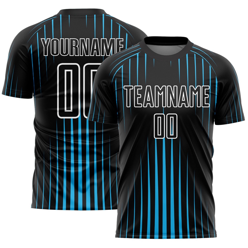 Black Sky Blue White Lines Sublimation Soccer Uniform Jersey, Custom Team Soccer Jersey Shirt Black Sky Blue White Lines Sublimation Soccer Uniform Jersey, Custom Team Soccer Jersey Shirt