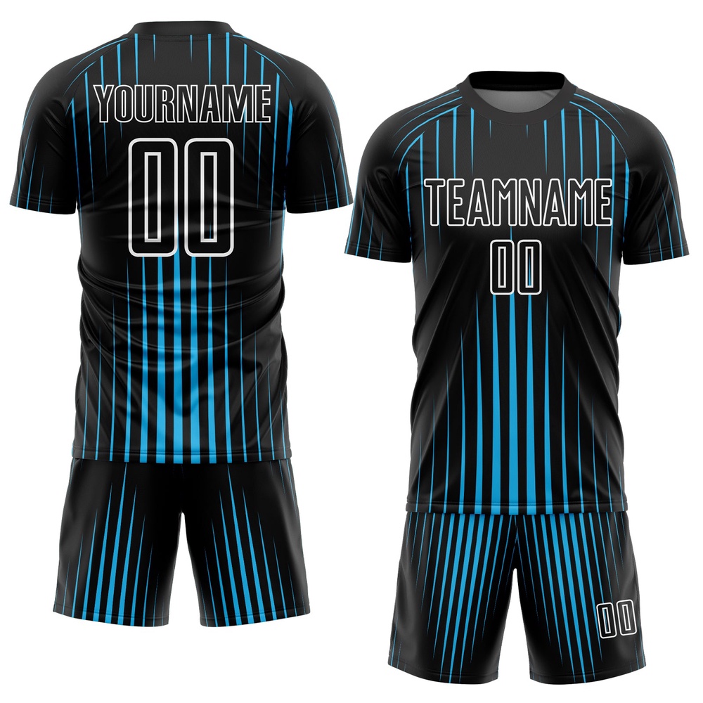 Black Sky Blue White Lines Sublimation Soccer Uniform Jersey, Custom Team Soccer Jersey Shirt Black Sky Blue White Lines Sublimation Soccer Uniform Jersey, Custom Team Soccer Jersey Shirt