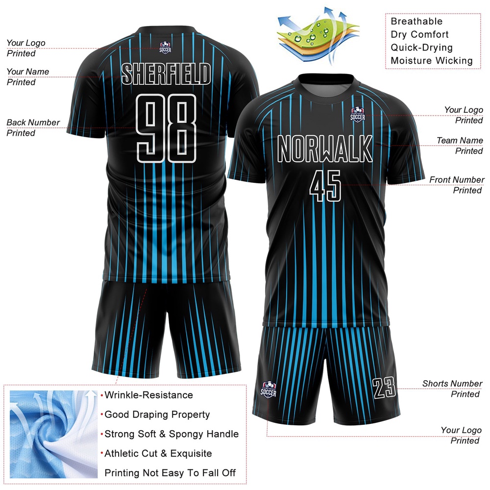 Black Sky Blue White Lines Sublimation Soccer Uniform Jersey, Custom Team Soccer Jersey Shirt Black Sky Blue White Lines Sublimation Soccer Uniform Jersey, Custom Team Soccer Jersey Shirt
