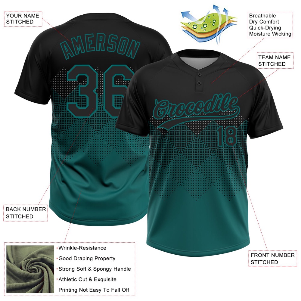 Black Teal 3D Pattern Gradient Square Shapes Two Button Unisex Softball Jersey, Custom Team Softball Jersey