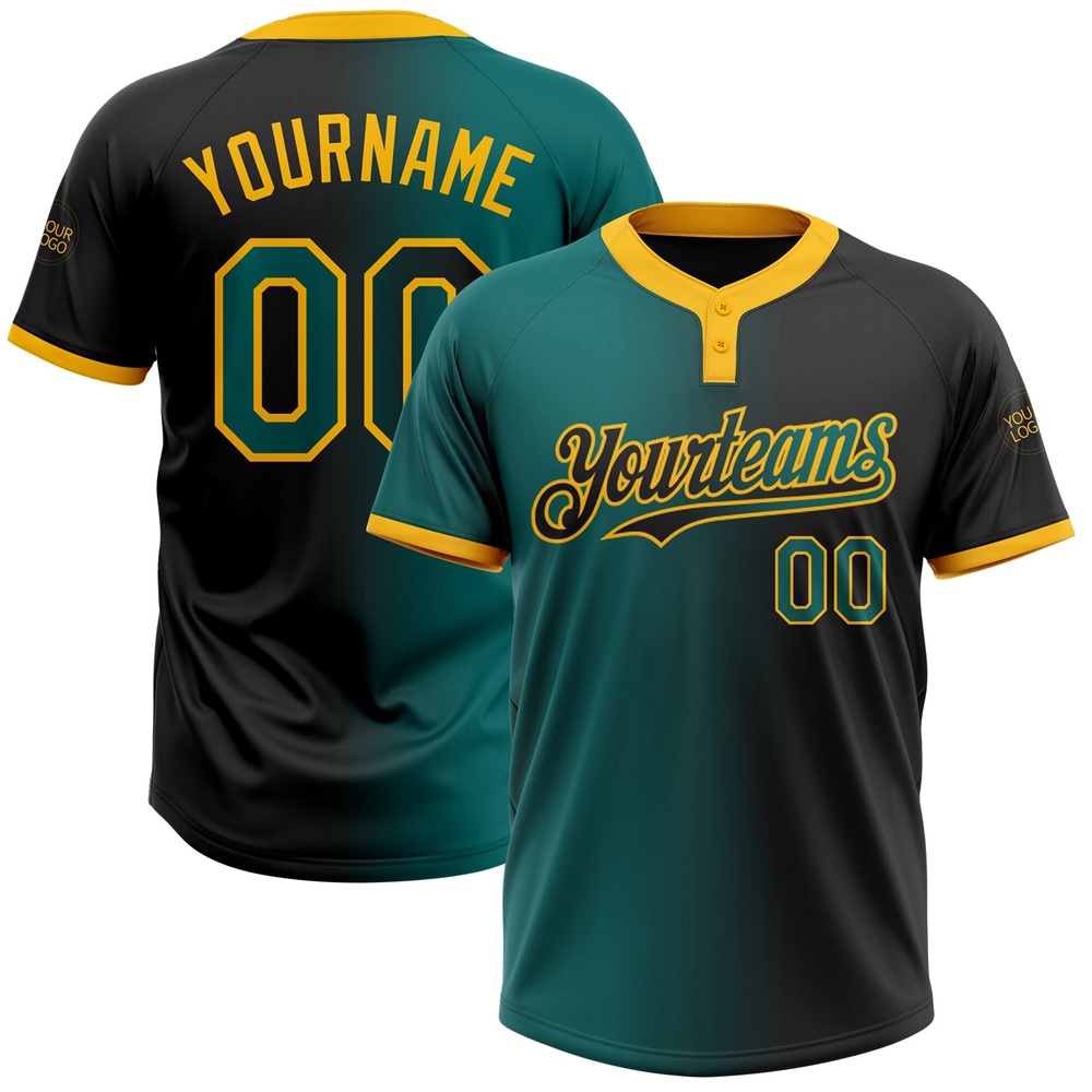 Black Teal Gold Gradient Fashion Two Button Unisex Softball Jersey, Custom Team Softball Jersey
