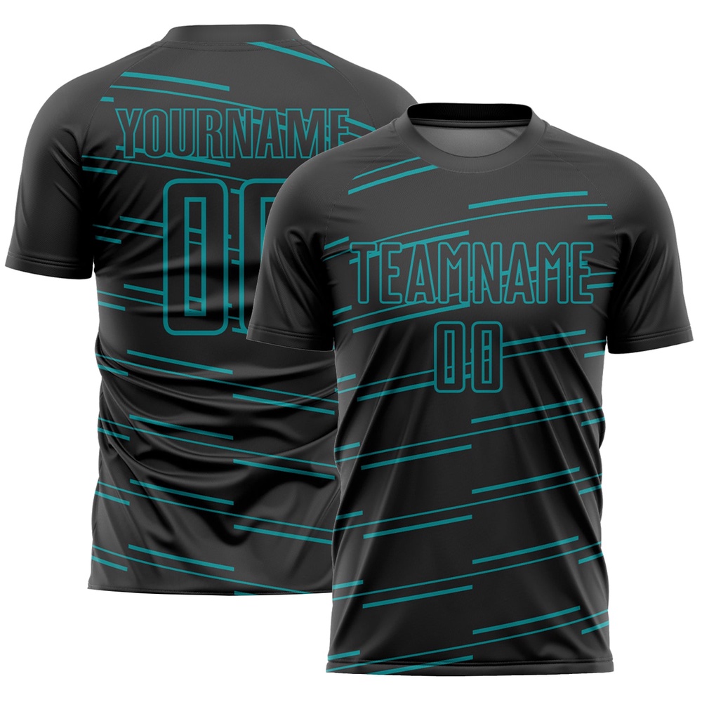 Black Teal Lines Sublimation Soccer Uniform Jersey, Custom Team Soccer Jersey Shirt Black Teal Lines Sublimation Soccer Uniform Jersey, Custom Team Soccer Jersey Shirt