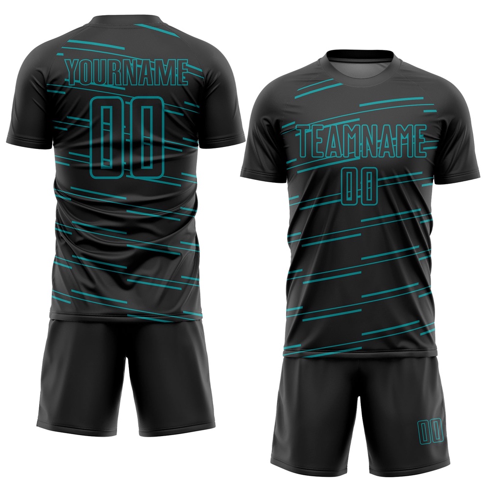 Black Teal Lines Sublimation Soccer Uniform Jersey, Custom Team Soccer Jersey Shirt Black Teal Lines Sublimation Soccer Uniform Jersey, Custom Team Soccer Jersey Shirt