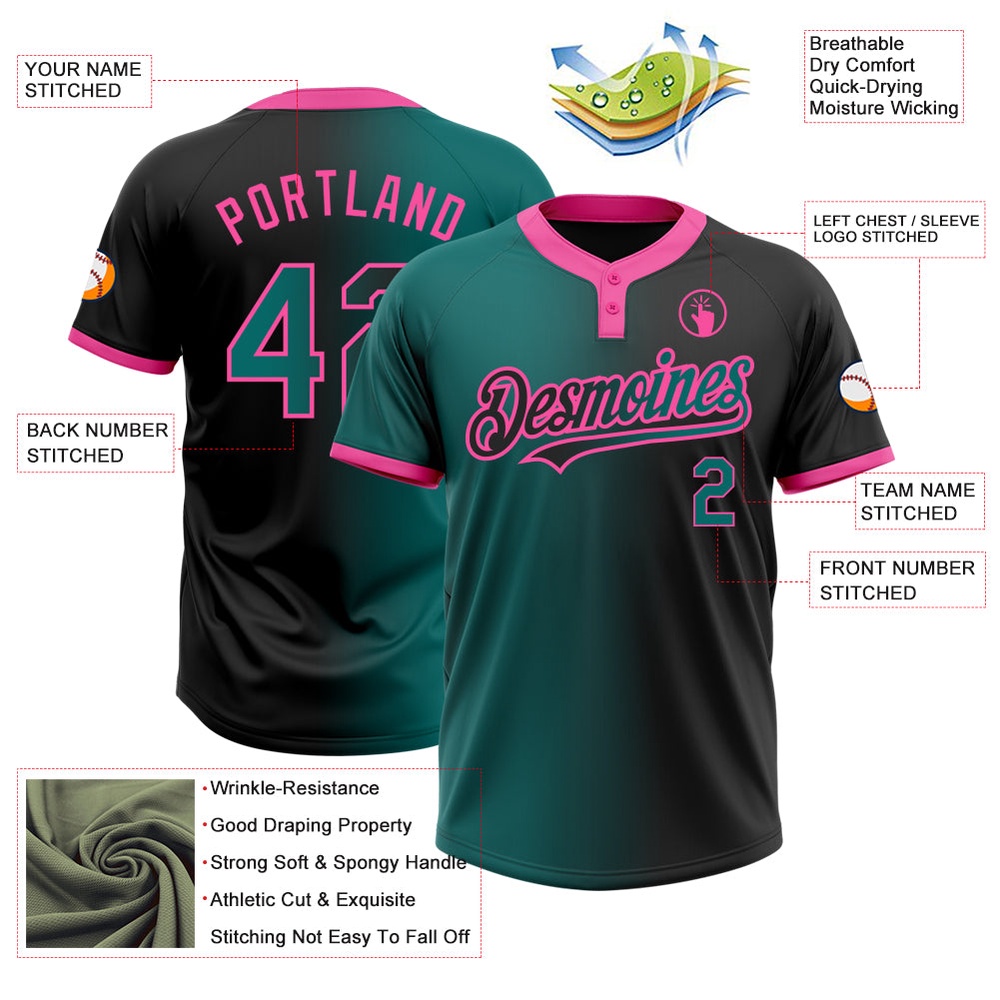 Black Teal Pink Gradient Fashion Two Button Unisex Softball Jersey, Custom Team Softball Jersey