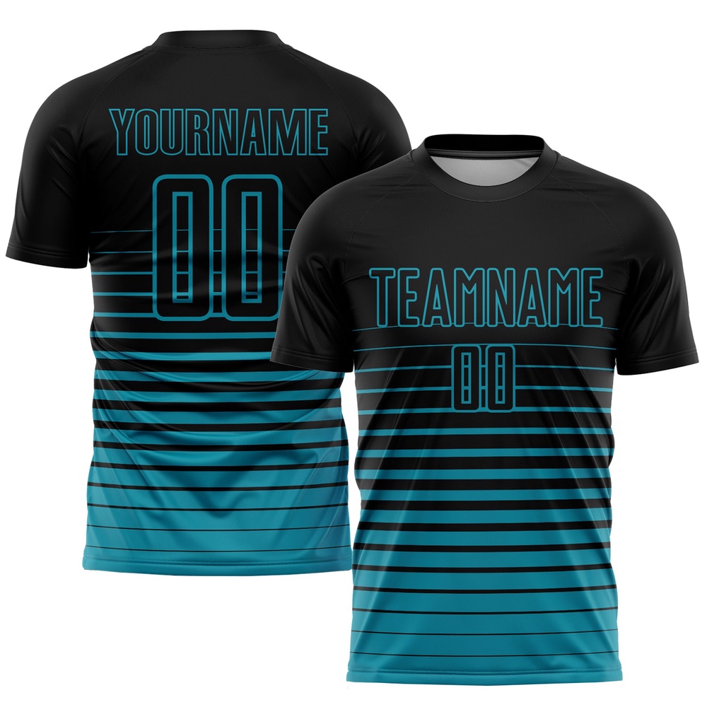 Black Teal Pinstripe Fade Fashion Sublimation Soccer Uniform Jersey, Custom Team Soccer Jersey Shirt Black Teal Pinstripe Fade Fashion Sublimation Soccer Uniform Jersey, Custom Team Soccer Jersey Shirt