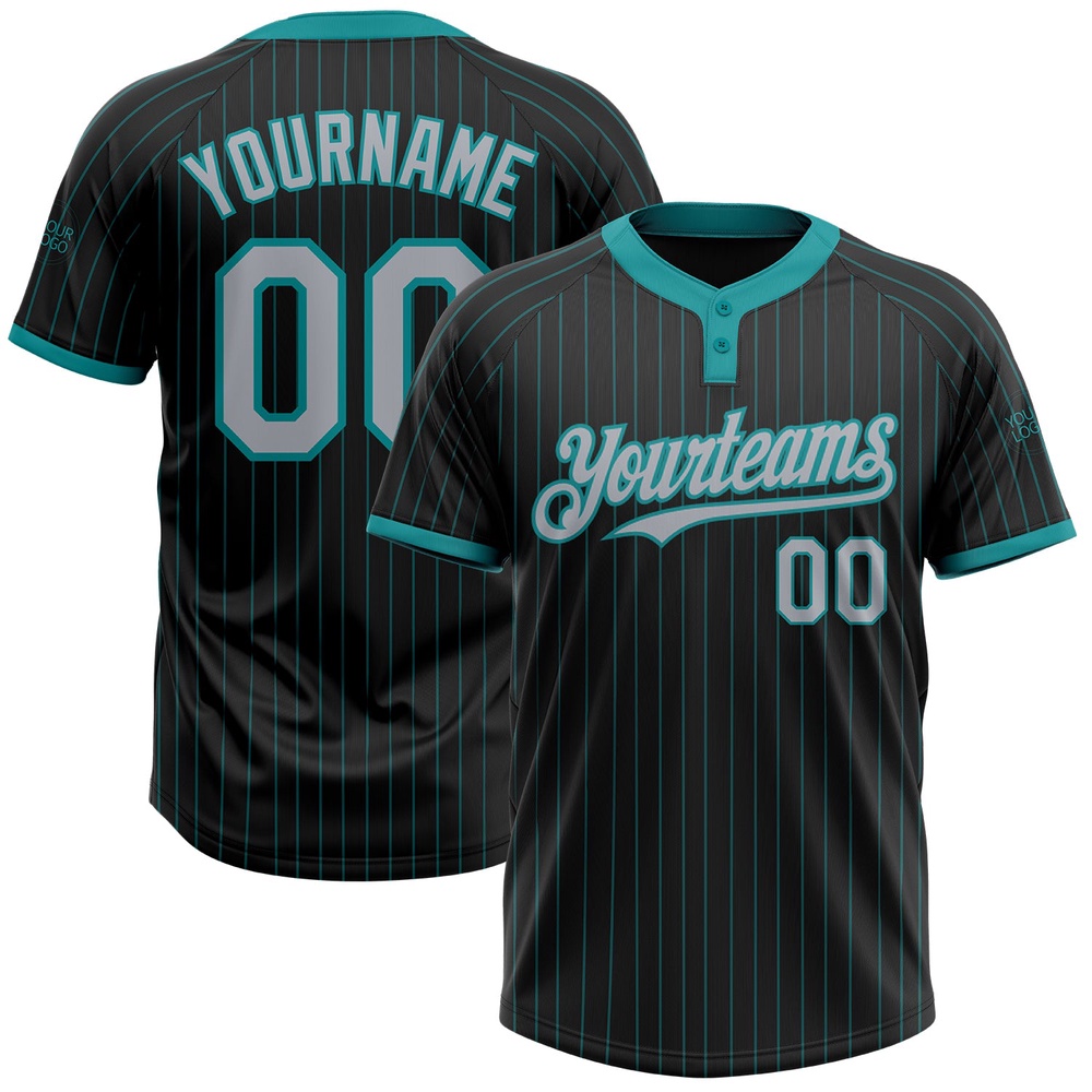 Black Teal Pinstripe Gray Two Button Unisex Softball Jersey, Custom Team Softball Jersey