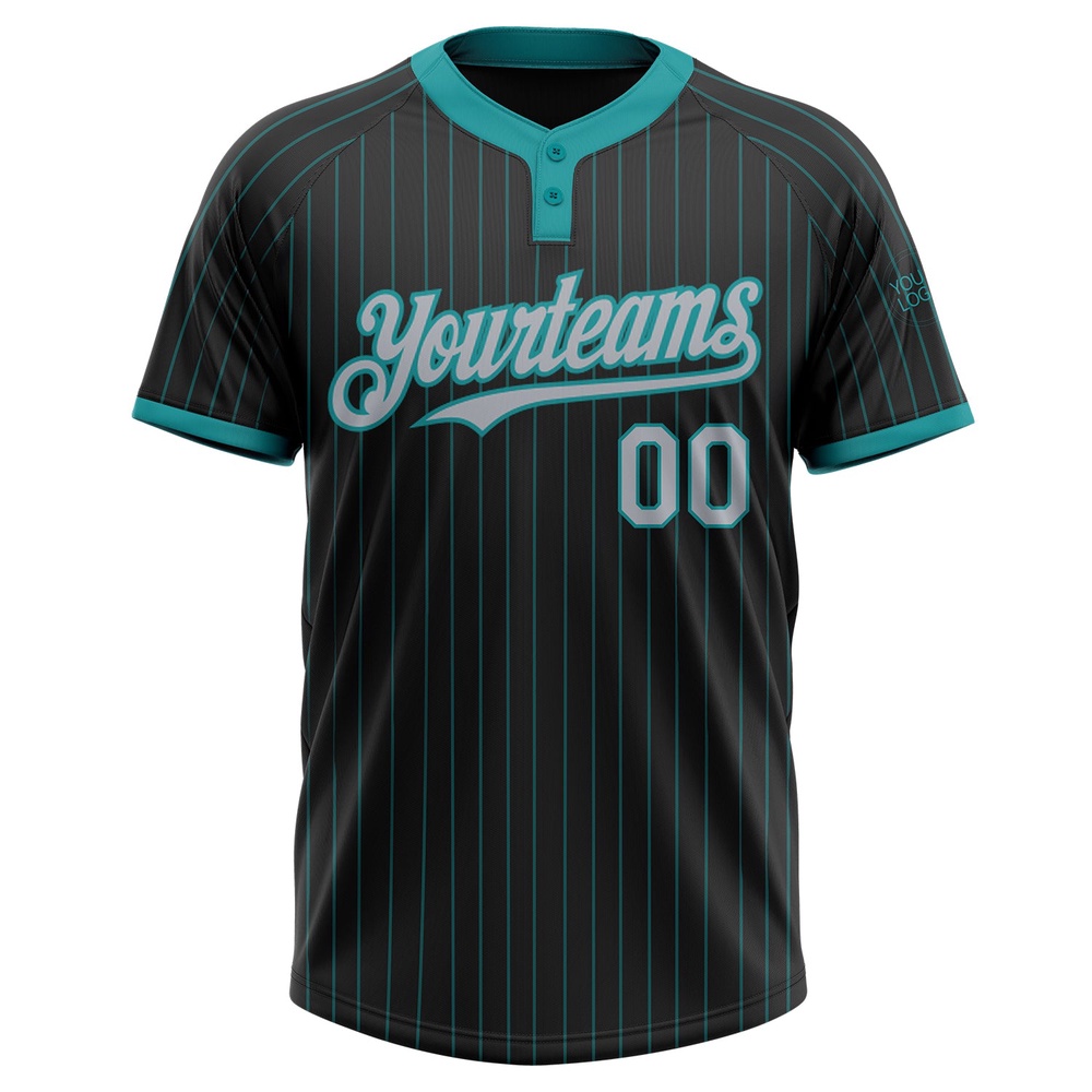 Black Teal Pinstripe Gray Two Button Unisex Softball Jersey, Custom Team Softball Jersey