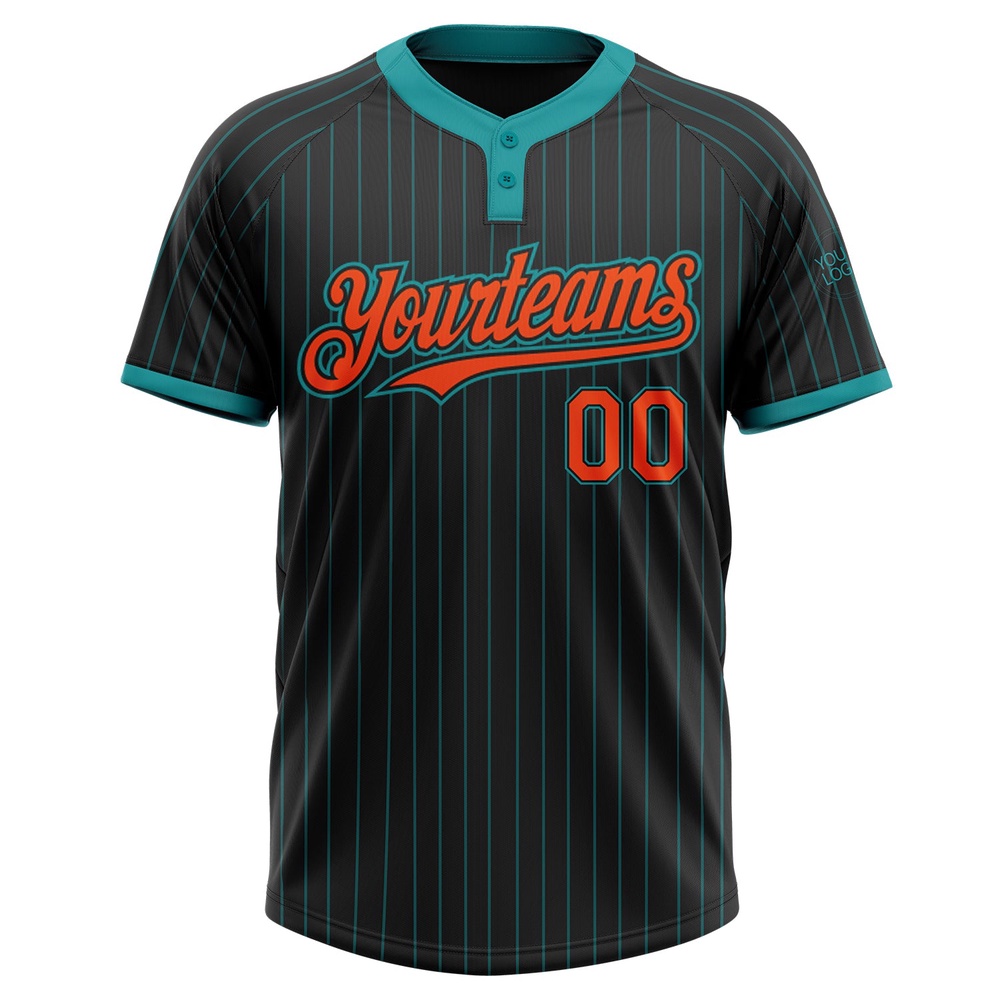 Black Teal Pinstripe Orange Two Button Unisex Softball Jersey, Custom Team Softball Jersey