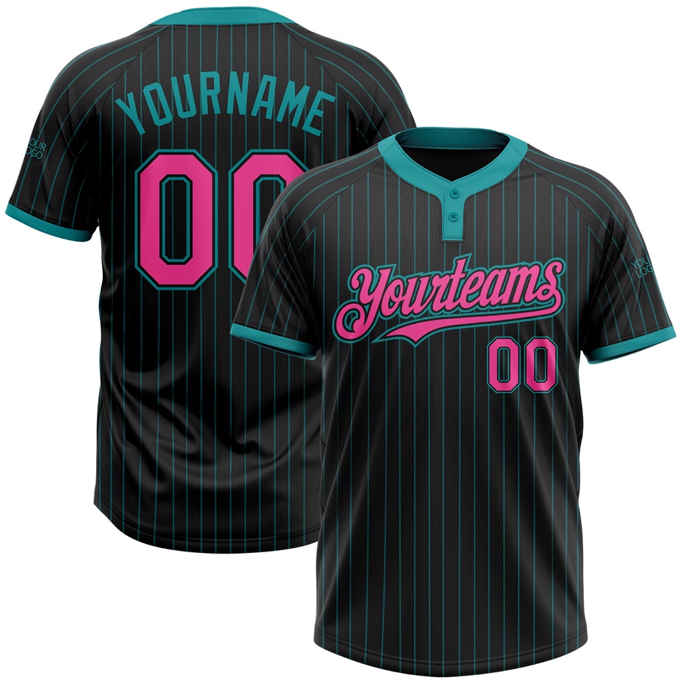 Black Teal Pinstripe Pink Two Button Unisex Softball Jersey, Custom Team Softball Jersey