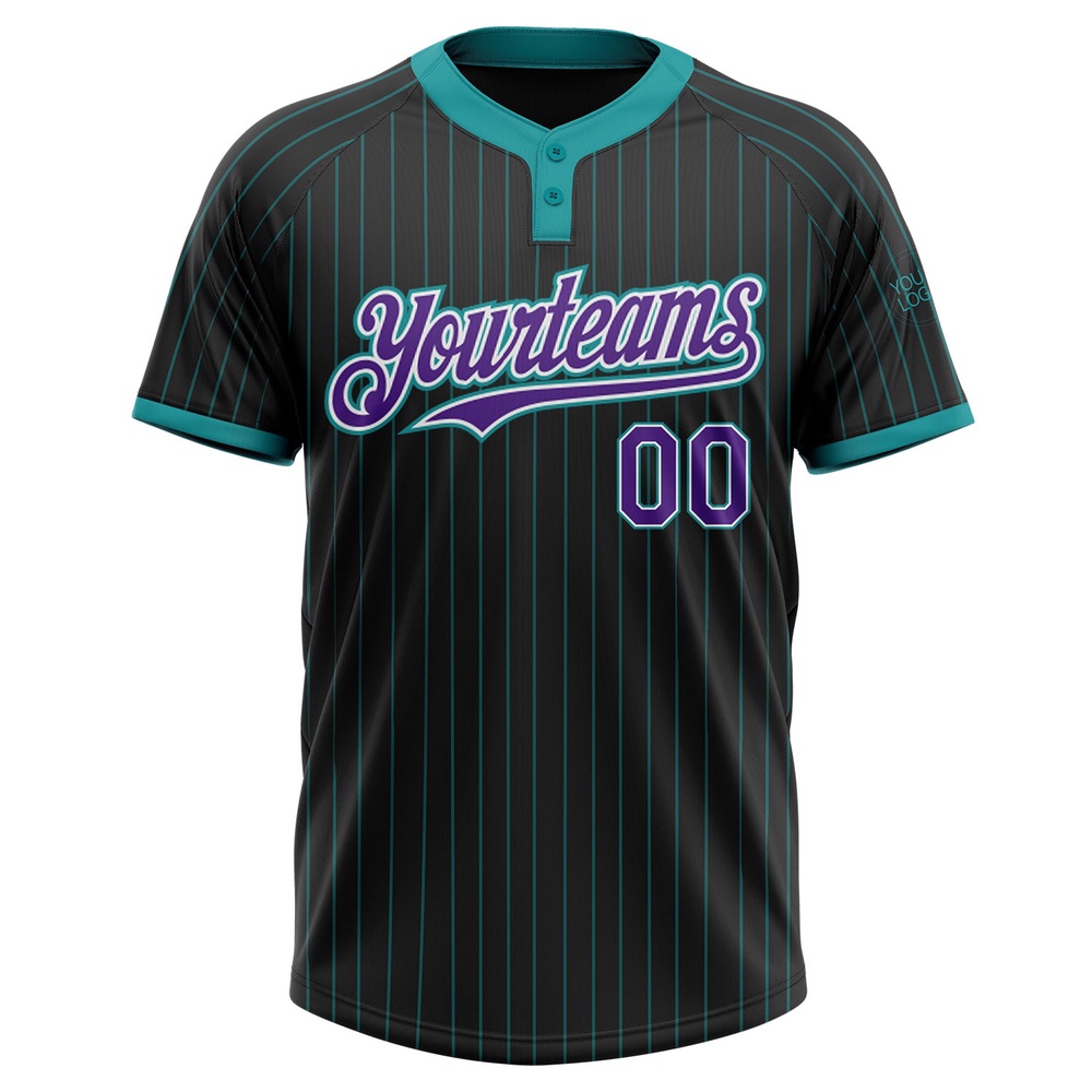 Black Teal Pinstripe Purple White Two Button Unisex Softball Jersey, Custom Team Softball Jersey