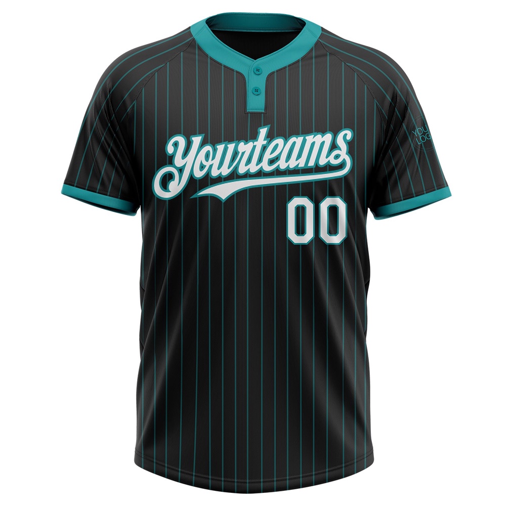 Black Teal Pinstripe White Two Button Unisex Softball Jersey, Custom Team Softball Jersey