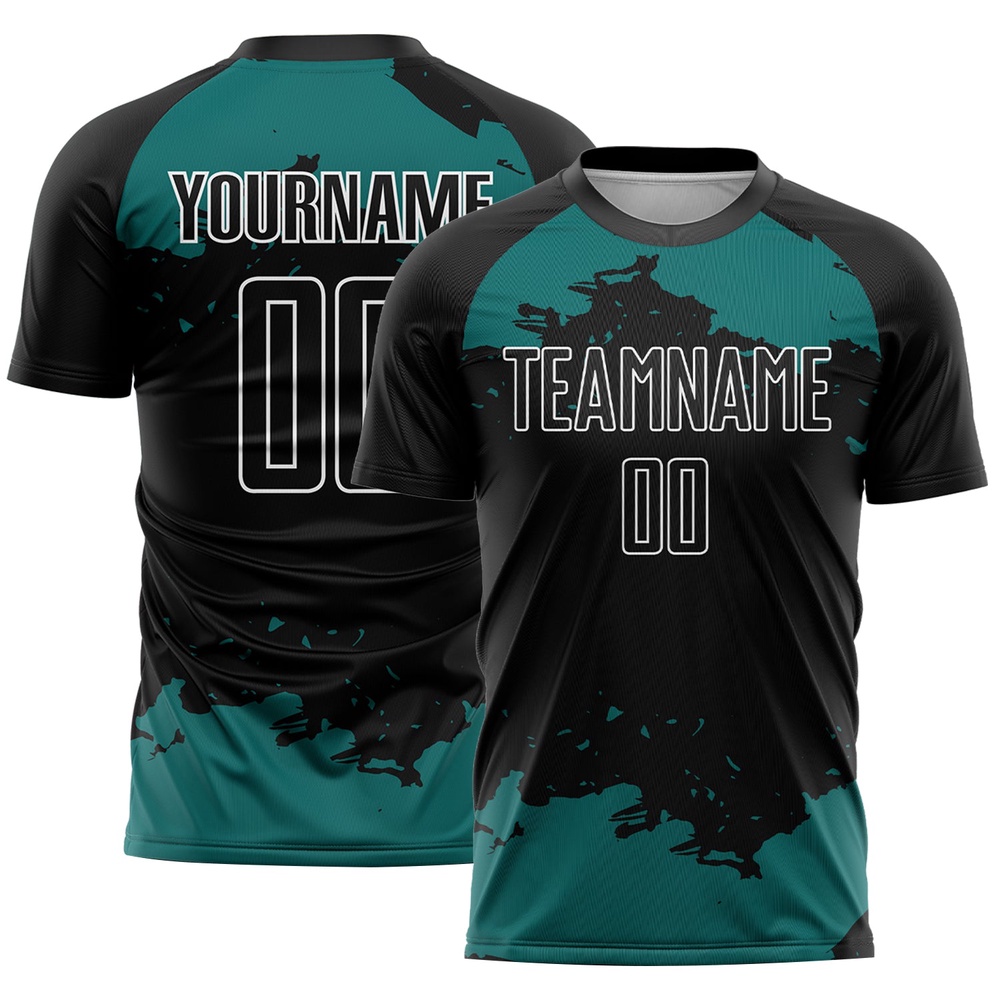 Black Teal White Abstract Fragment Art Sublimation Soccer Uniform Jersey, Custom Team Soccer Jersey Shirt