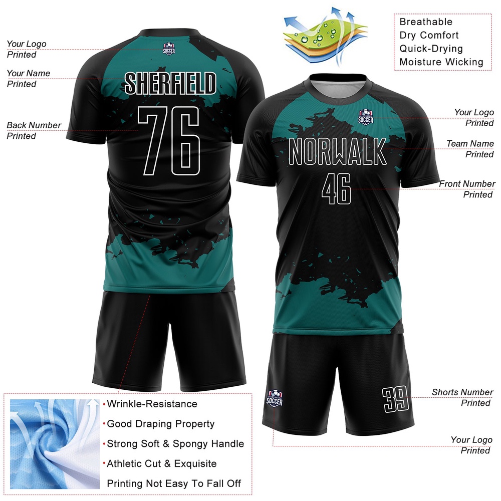 Black Teal White Abstract Fragment Art Sublimation Soccer Uniform Jersey, Custom Team Soccer Jersey Shirt