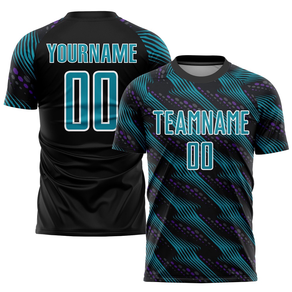 Black Teal White Sublimation Soccer Uniform Jersey, Custom Team Soccer Jersey Shirt Black Teal White Sublimation Soccer Uniform Jersey, Custom Team Soccer Jersey Shirt