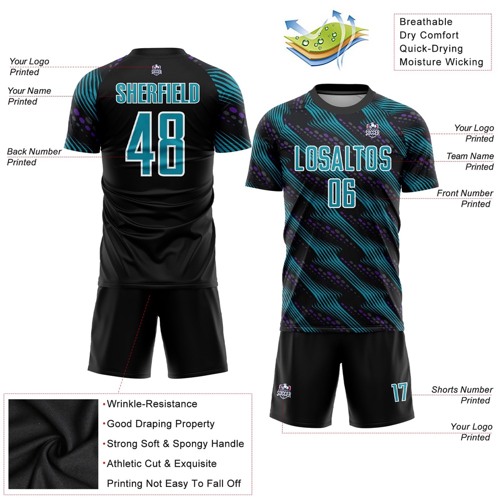 Black Teal White Sublimation Soccer Uniform Jersey, Custom Team Soccer Jersey Shirt Black Teal White Sublimation Soccer Uniform Jersey, Custom Team Soccer Jersey Shirt