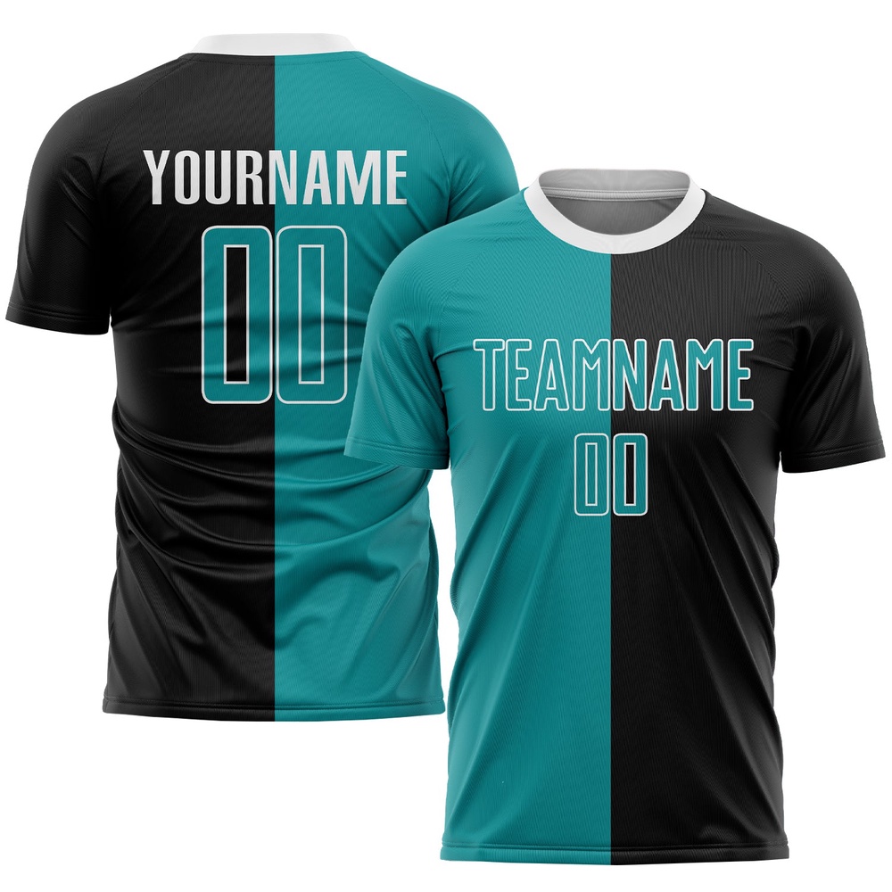 Black Teal White Sublimation Split Fashion Soccer Uniform Jersey, Custom Team Soccer Jersey Shirt
