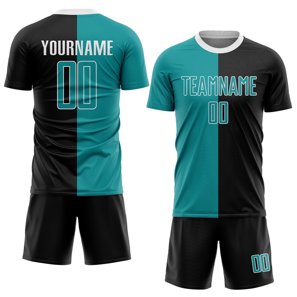 Black Teal White Sublimation Split Fashion Soccer Uniform Jersey, Custom Team Soccer Jersey Shirt