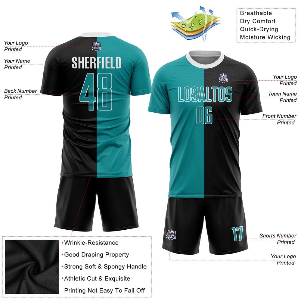 Black Teal White Sublimation Split Fashion Soccer Uniform Jersey, Custom Team Soccer Jersey Shirt