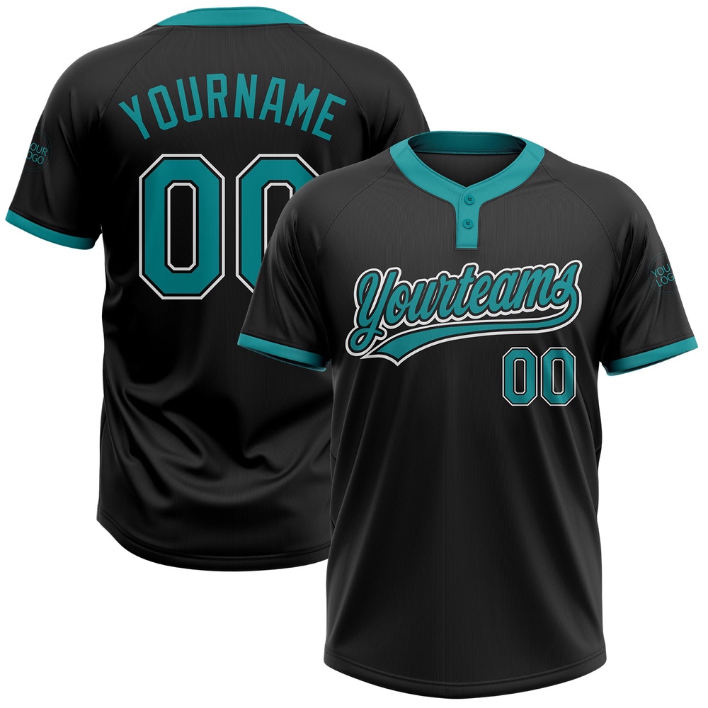 Black Teal White Two Button Unisex Softball Jersey, Custom Team Softball Jersey