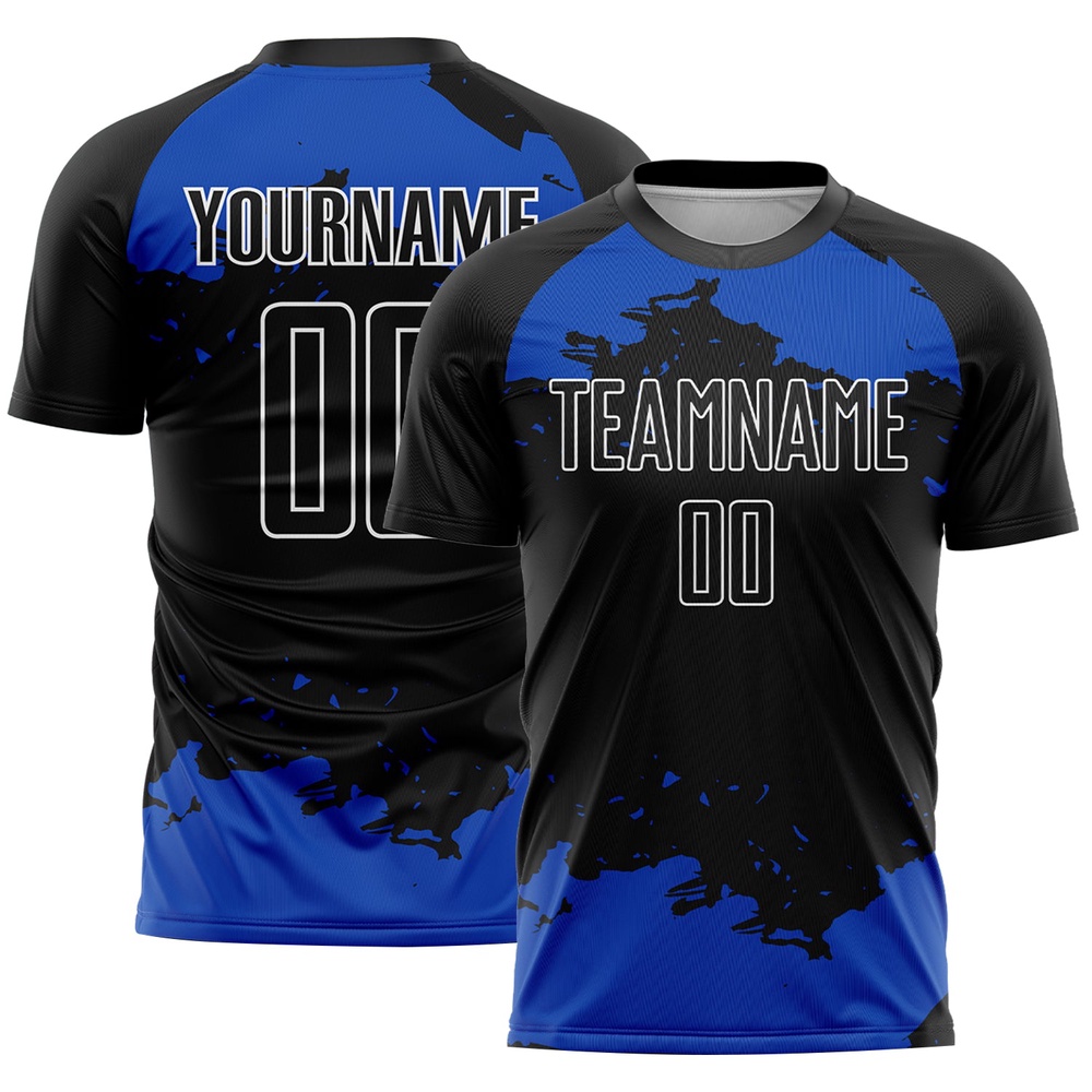 Black Thunder Blue White Abstract Fragment Art Sublimation Soccer Uniform Jersey, Custom Team Soccer Jersey Shirt