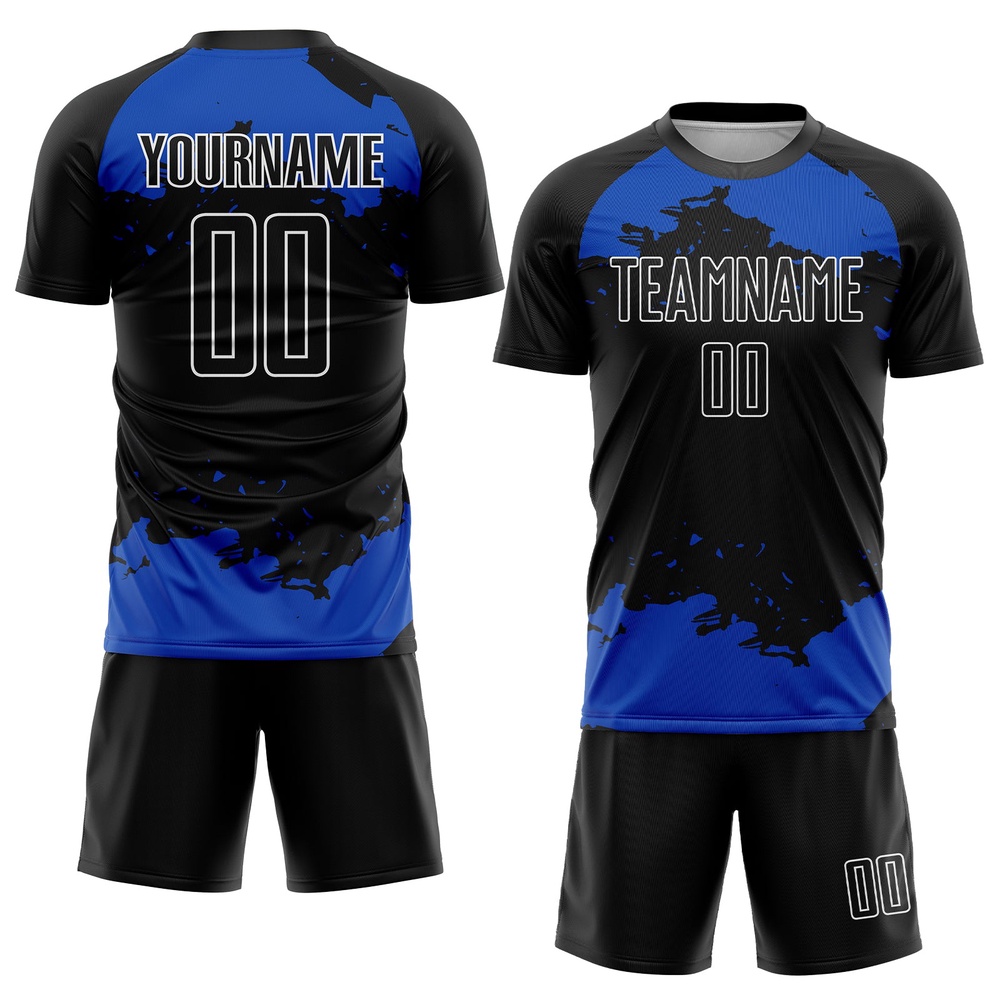 Black Thunder Blue White Abstract Fragment Art Sublimation Soccer Uniform Jersey, Custom Team Soccer Jersey Shirt