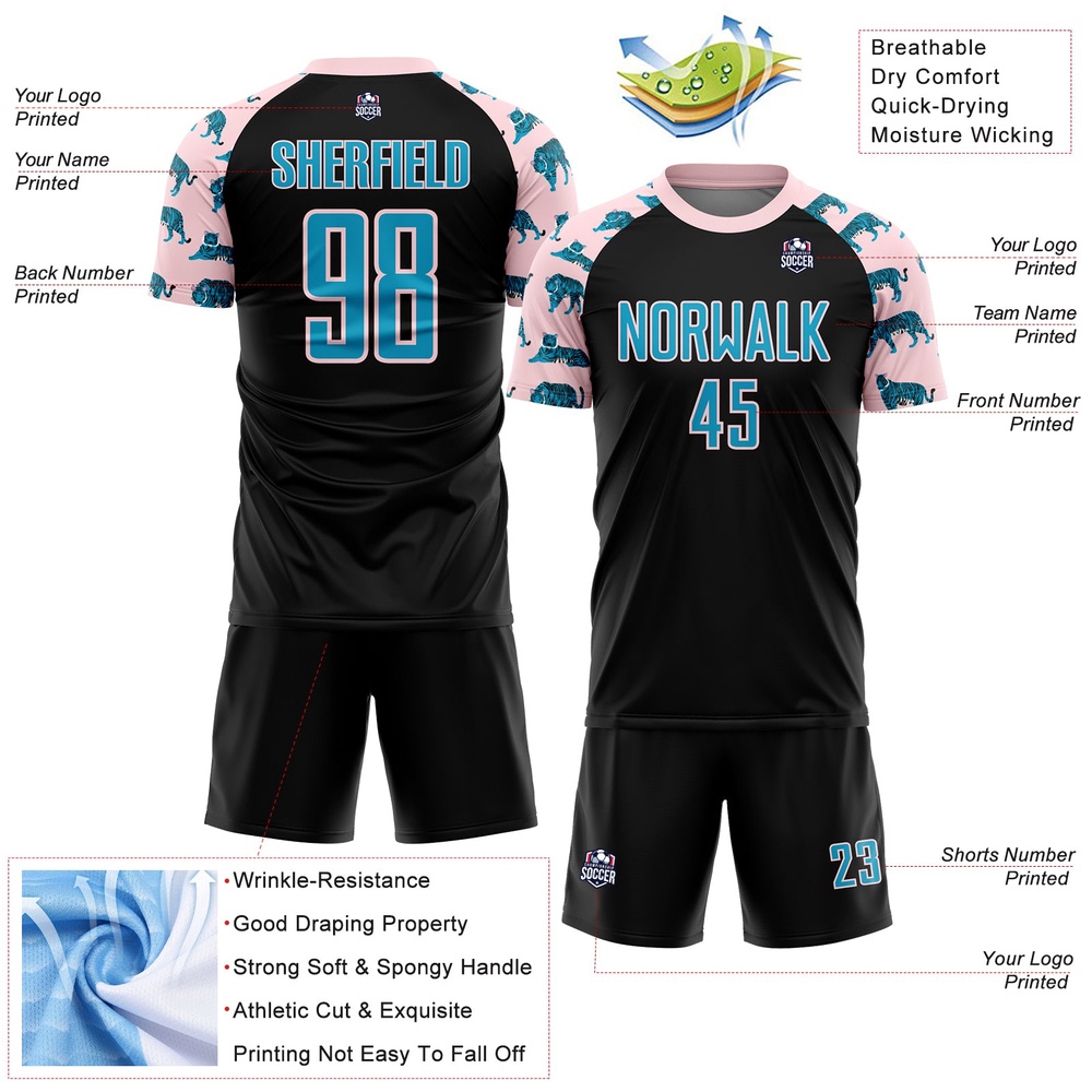 Black US Navy Blue Light Pink Tiger Sublimation Soccer Uniform Jersey, Custom Team Soccer Jersey Shirt