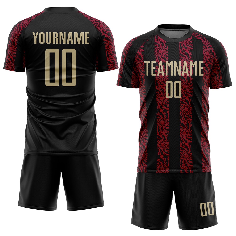 Black Vegas Gold Red Sublimation Soccer Uniform Jersey, Custom Team Soccer Jersey Shirt