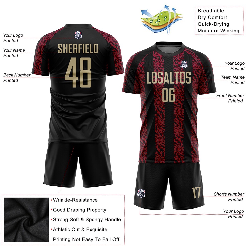 Black Vegas Gold Red Sublimation Soccer Uniform Jersey, Custom Team Soccer Jersey Shirt