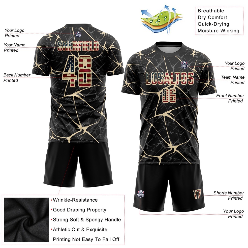 Black Vintage USA Flag City Cream Sublimation Soccer Uniform Jersey, Custom Team Soccer Jersey Shirt Black Vintage USA Flag City Cream Sublimation Soccer Uniform Jersey, Custom Team Soccer Jersey Shirt