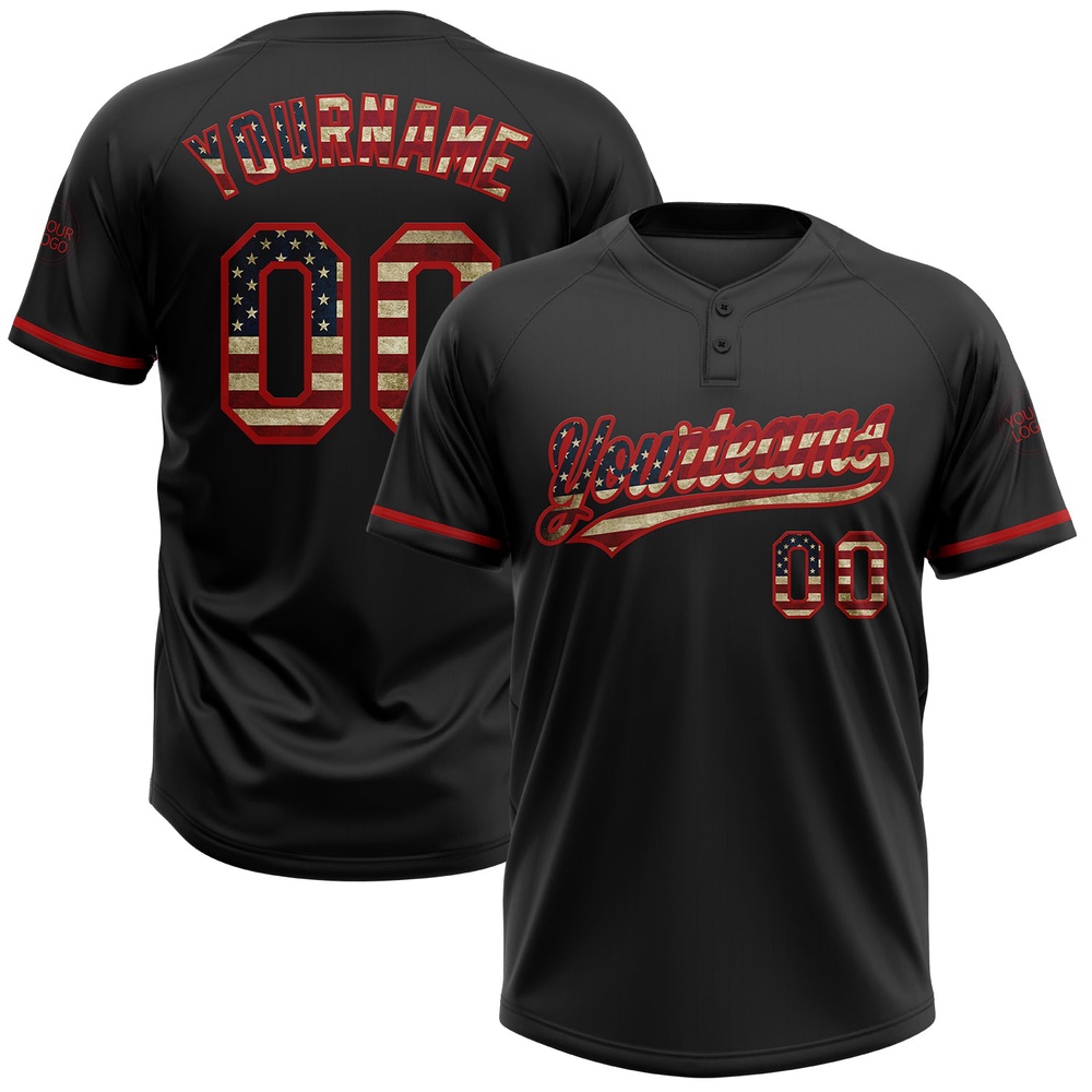 Black Vintage USA Flag Red Two Button Unisex Softball Jersey, Custom Team Softball Jersey