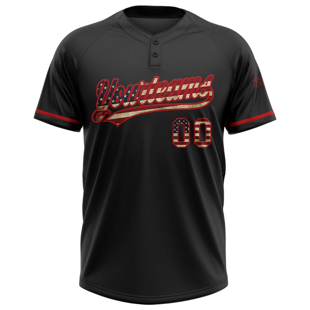 Black Vintage USA Flag Red Two Button Unisex Softball Jersey, Custom Team Softball Jersey