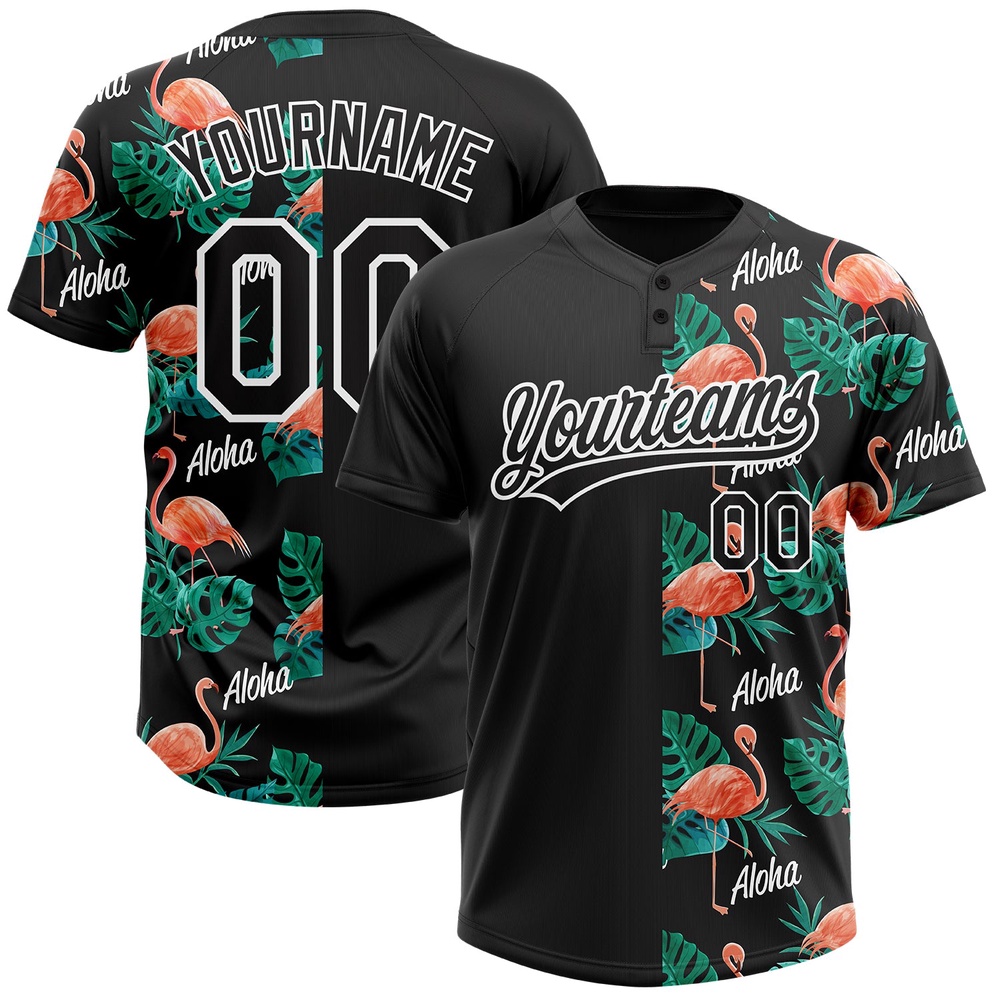 Black White 3D Pattern Hawaii Flamingos And Leaves Two Button Unisex Softball Jersey, Custom Team Softball Jersey