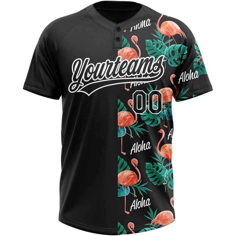 Black White 3D Pattern Hawaii Flamingos And Leaves Two Button Unisex Softball Jersey, Custom Team Softball Jersey