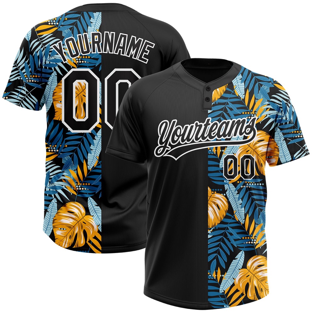 Black White 3D Pattern Hawaii Tropical Leaves Two Button Unisex Softball Jersey, Custom Team Softball Jersey