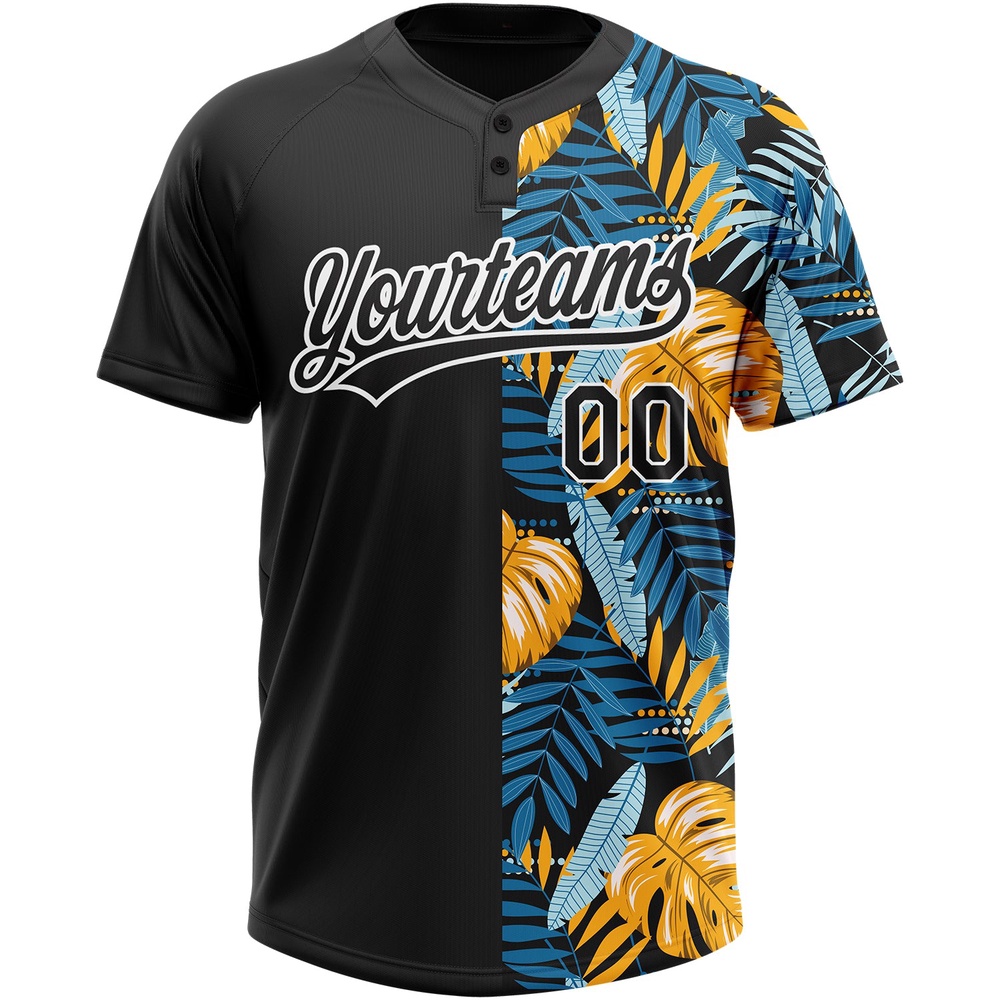 Black White 3D Pattern Hawaii Tropical Leaves Two Button Unisex Softball Jersey, Custom Team Softball Jersey