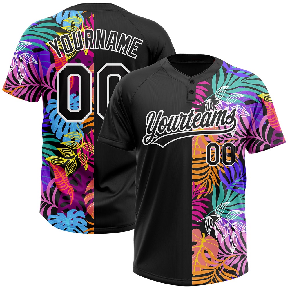 Black White 3D Pattern Hawaii Tropical Palm Trees Two Button Unisex Softball Jersey, Custom Team Softball Jersey