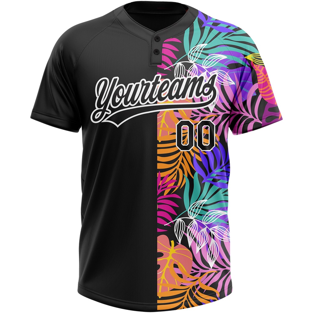 Black White 3D Pattern Hawaii Tropical Palm Trees Two Button Unisex Softball Jersey, Custom Team Softball Jersey