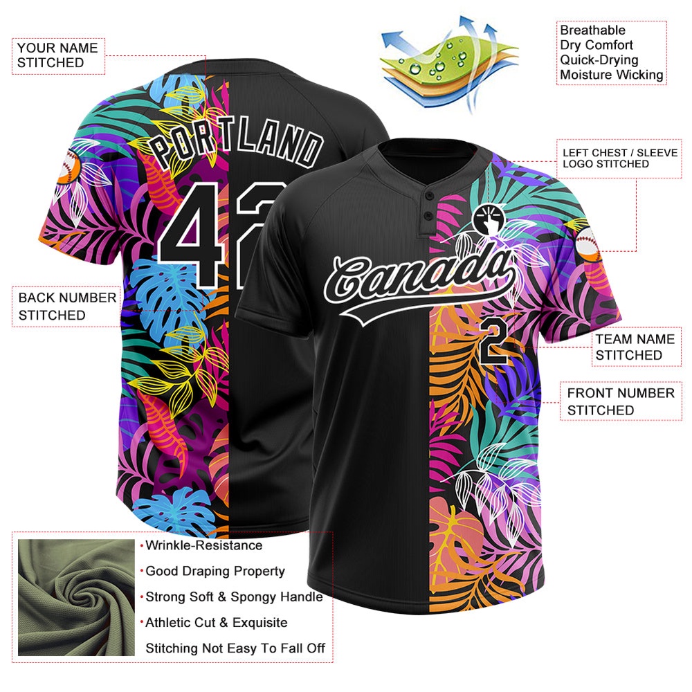 Black White 3D Pattern Hawaii Tropical Palm Trees Two Button Unisex Softball Jersey, Custom Team Softball Jersey