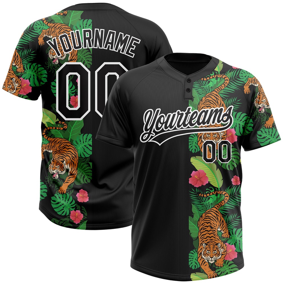 Black White 3D Pattern Hawaii Tropical Tiger Two Button Unisex Softball Jersey, Custom Team Softball Jersey Black White 3D Pattern Hawaii Tropical Tiger Two Button Unisex Softball Jersey, Custom Team Softball Jersey