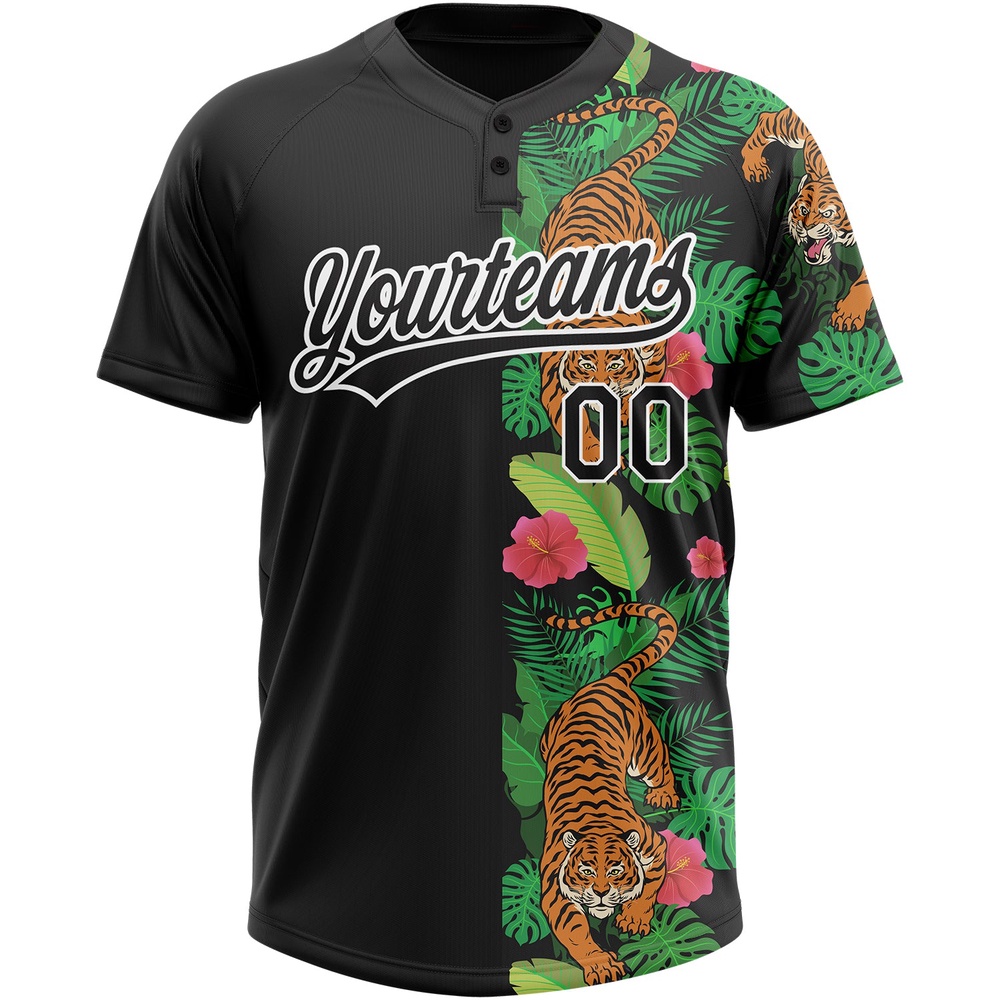 Black White 3D Pattern Hawaii Tropical Tiger Two Button Unisex Softball Jersey, Custom Team Softball Jersey Black White 3D Pattern Hawaii Tropical Tiger Two Button Unisex Softball Jersey, Custom Team Softball Jersey