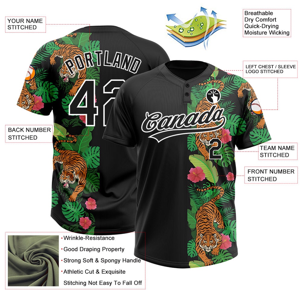 Black White 3D Pattern Hawaii Tropical Tiger Two Button Unisex Softball Jersey, Custom Team Softball Jersey Black White 3D Pattern Hawaii Tropical Tiger Two Button Unisex Softball Jersey, Custom Team Softball Jersey