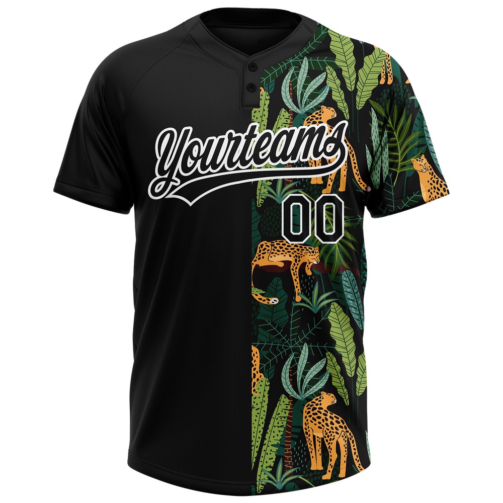 Black White 3D Pattern Leopards And Tropical Palm Leaves Two Button Unisex Softball Jersey, Custom Team Softball Jersey