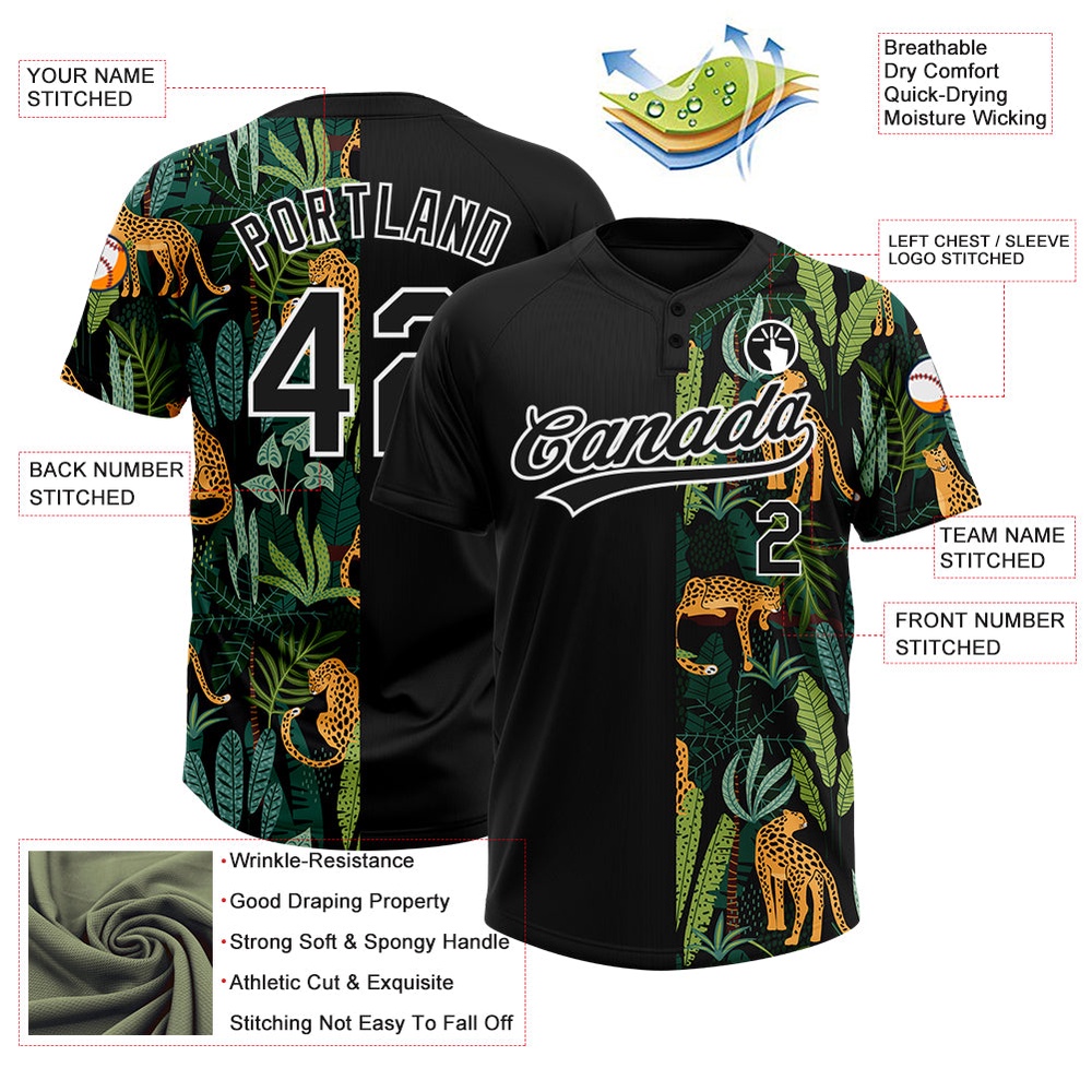 Black White 3D Pattern Leopards And Tropical Palm Leaves Two Button Unisex Softball Jersey, Custom Team Softball Jersey