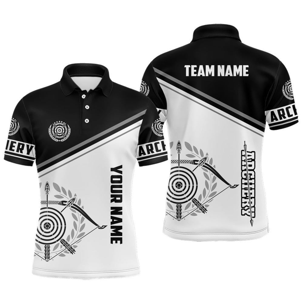 Black White Archery Bow Polo Shirts For Men Custom Archery Team Uniform Shirts, Custom Archery Team Polo Shirt