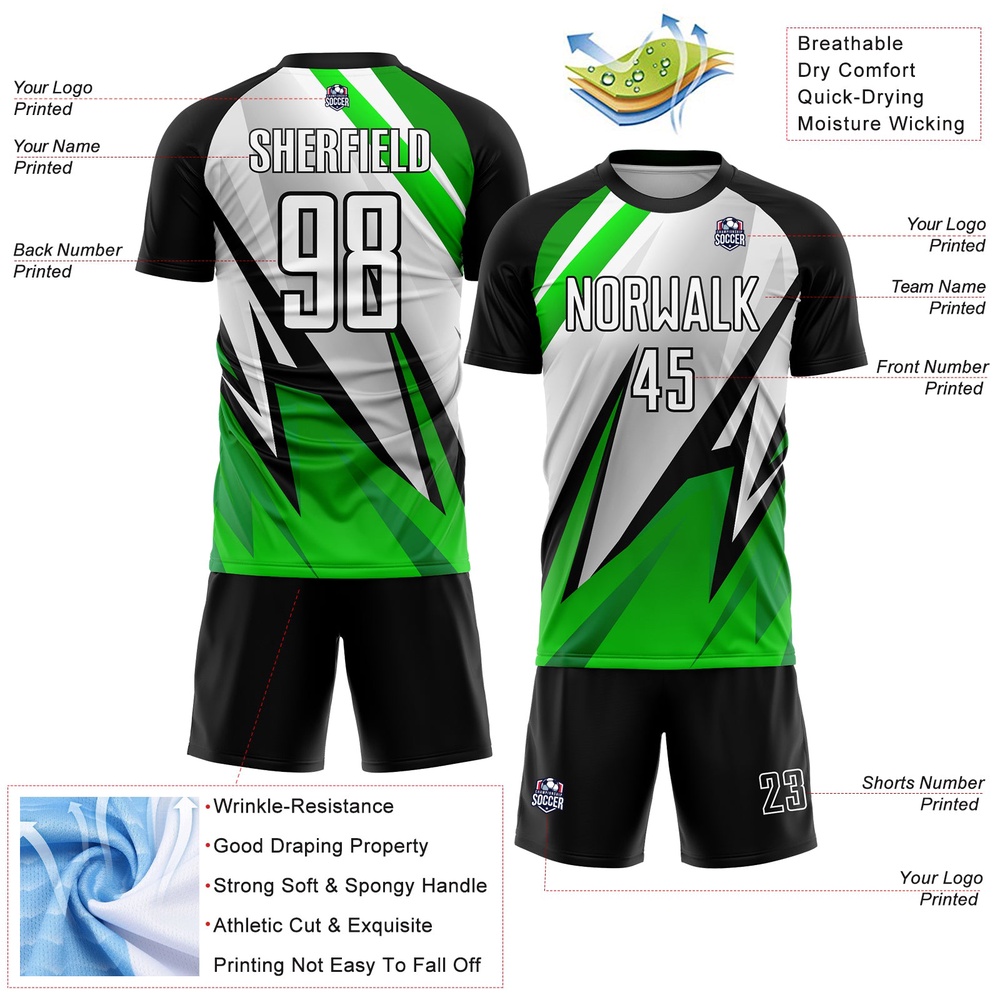 Black White Aurora Green Sublimation Soccer Uniform Jersey, Custom Team Soccer Jersey Shirt Black White Aurora Green Sublimation Soccer Uniform Jersey, Custom Team Soccer Jersey Shirt