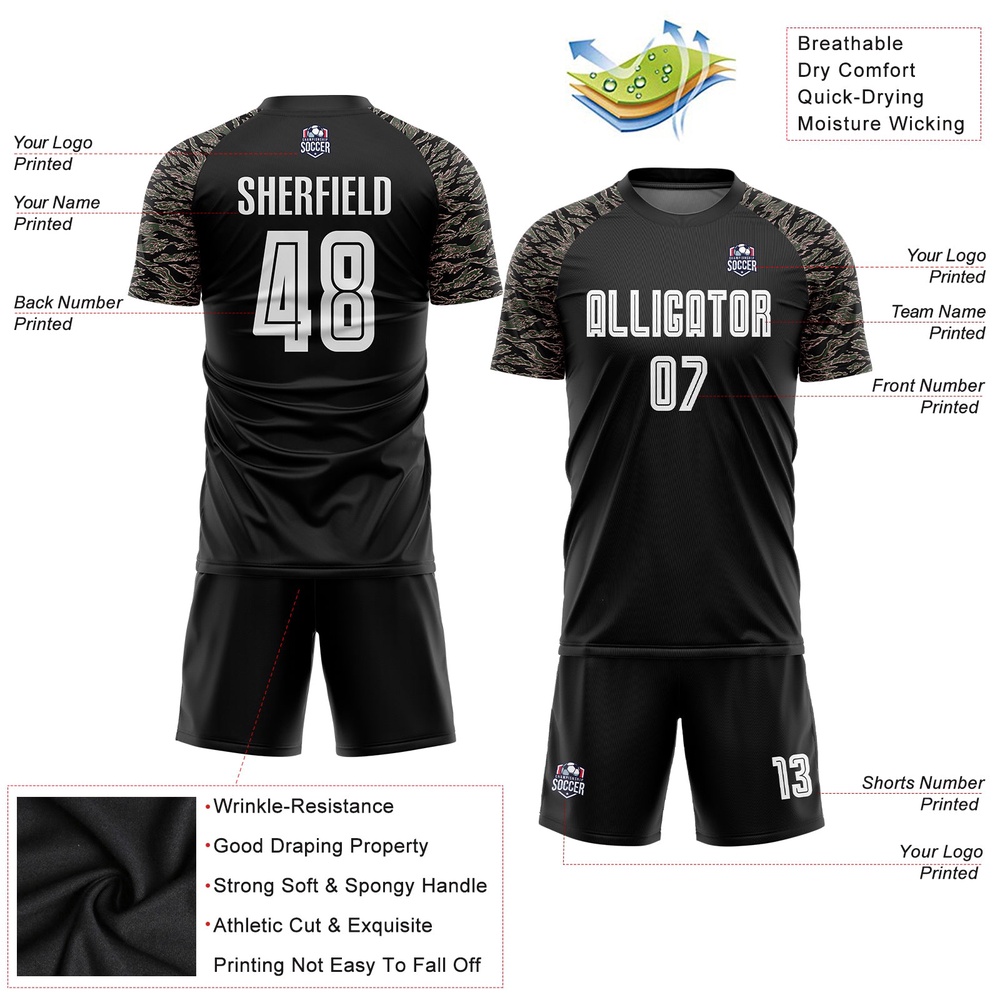 Black White Camo Sublimation Soccer Uniform Jersey, Custom Team Soccer Jersey Shirt Black White Camo Sublimation Soccer Uniform Jersey, Custom Team Soccer Jersey Shirt
